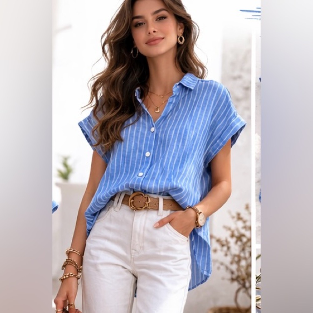 Core Life Cotton Linen Top Button Down Size M Shirt Blue Striped White NWOT